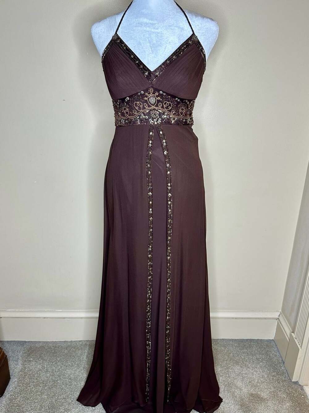 Sue Wong Beaded Halter Long Dress Brown Silk